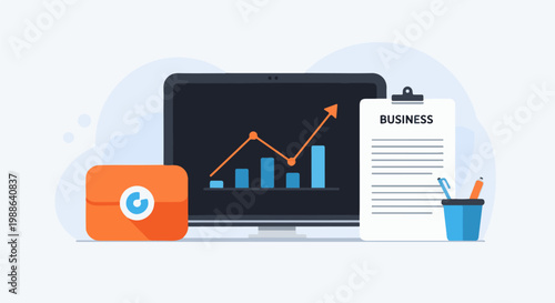 A computer screen displays a growing bar graph and line chart, next to a document d 'BUSINESS'