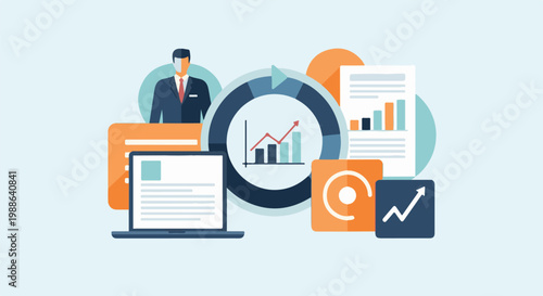 A businessman oversees a data-driven workflow with charts, reports, and a laptop