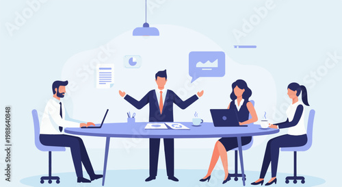 Four business professionals gathered around a table, engaged in a meeting with laptops and coffee