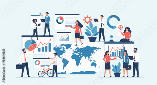 Diverse business people collaborate and analyze global data with charts and graphs