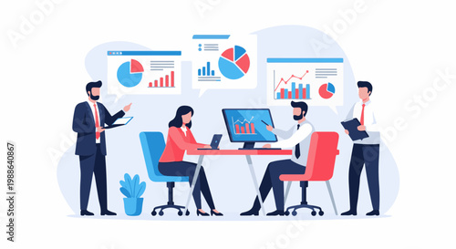 Professionals analyze data and charts in a collaborative meeting