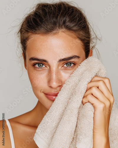 woman holding soft towel near face, relaxed expression, realistic skin texture