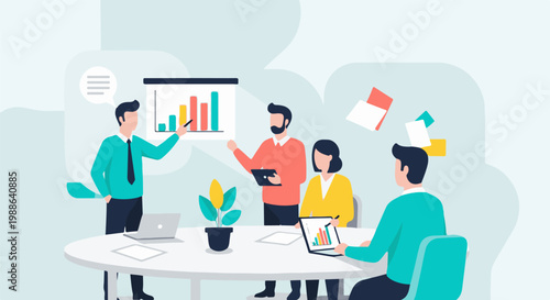 Colleagues collaborate in a modern office setting, discussing charts on a presentation screen