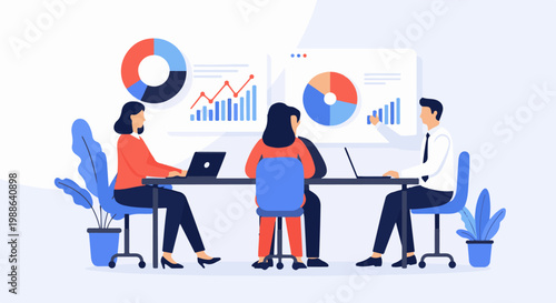 Three professionals in a meeting room analyze charts and graphs on laptops