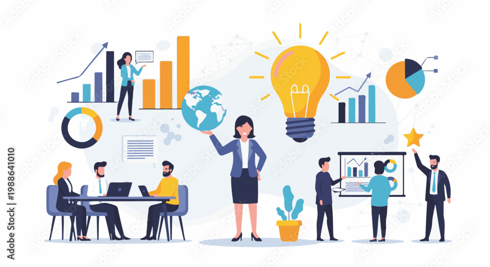 Fototapeta premium Diverse professionals brainstorm, present data, and innovate, symbolizing collaboration