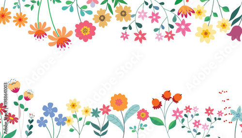 A colorful floral border with vibrant flowers and leaves