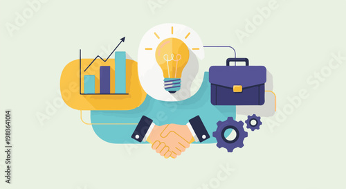 Business handshake with idea lightbulb, chart, and briefcase symbols