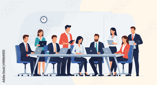 Diverse professionals in a modern office setting collaborate around a conference table