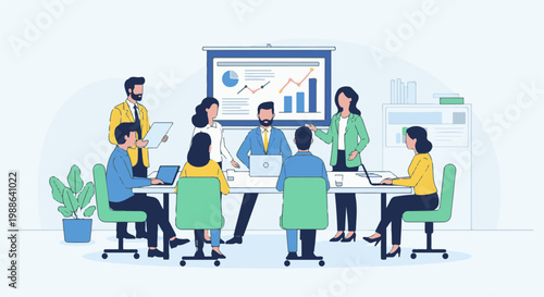 Diverse team collaborates in modern office, reviewing charts on a projector screen