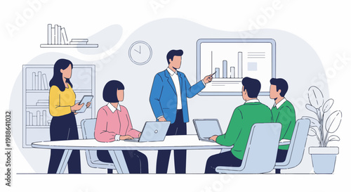 A team meeting where a presenter explains a bar graph to colleagues around a table