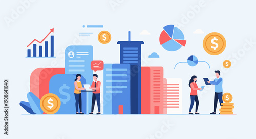 Abstract illustration of business finance and growth with people, charts, and coins
