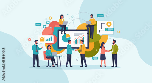 Diverse professionals collaborate and exchange ideas, visualizing data and strategies on a screen