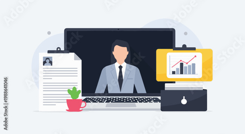 Professional meeting via laptop with resume, graph, and file cabinet