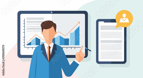 Man in suit pointing at bar chart on tablet with document on another tablet
