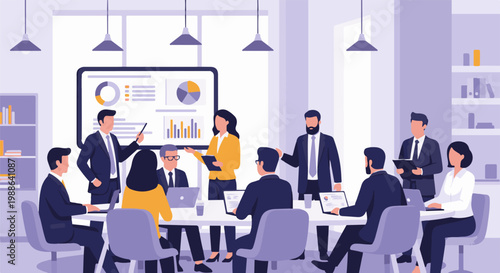 Diverse professionals collaborate in a modern office meeting, presenting data on a screen