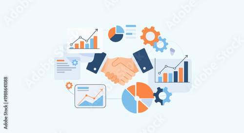 Handshake symbolizes business growth and financial data analysis with charts and gears