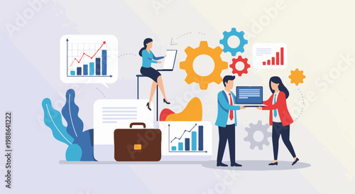 Teamwork and collaboration driving business growth through data analysis and technology
