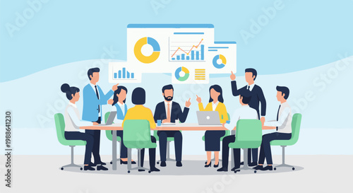 Diverse professionals collaborate at a table with data charts displayed prominently