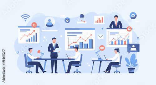 Business team collaborates on growth strategy, analyzing charts and graphs