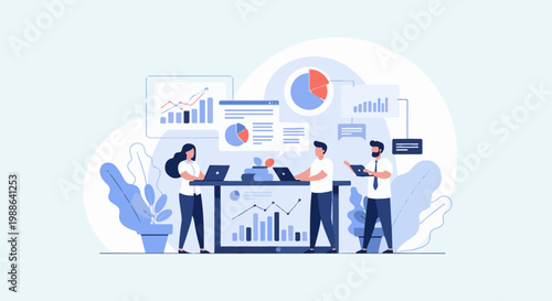 Team collaborating on data analysis, charts, and laptops