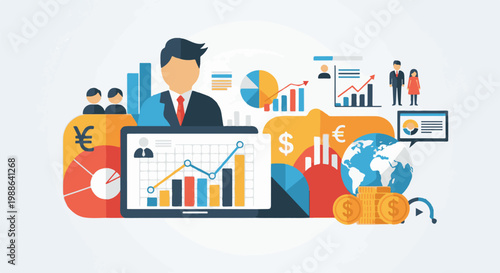 Flat illustration of financial data analysis, business growth, and global economics