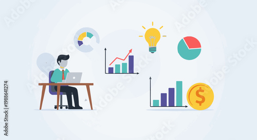 Businessman at desk with laptop, surrounded by charts, lightbulb, and coin