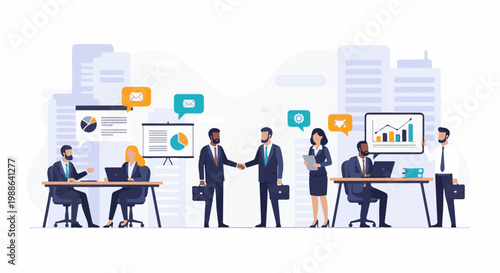 Business professionals collaborate, with data charts and communication icons floating