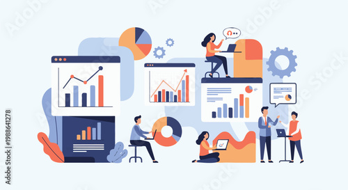 Diverse group collaborates on data analysis, using laptops, charts, and graphs to understand trends