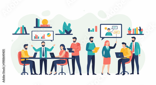 A diverse group of professionals collaborate and present in a modern office setting