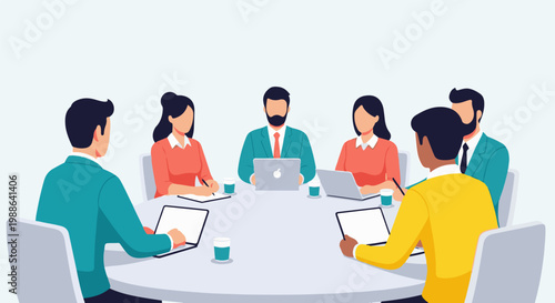 Diverse professionals collaborate around a table with laptops and coffee