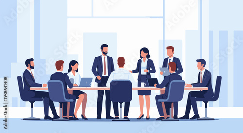 A diverse team in suits collaborates around a boardroom table with laptops and tablets