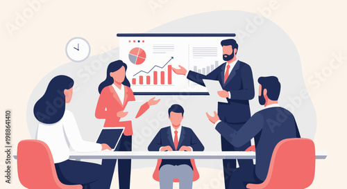 Business meeting with professionals presenting financial data on a projector screen