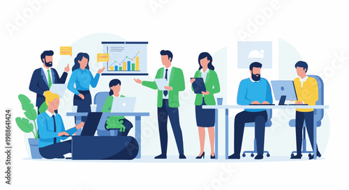 Diverse team collaborates on a project, using laptops, charts, and discussions