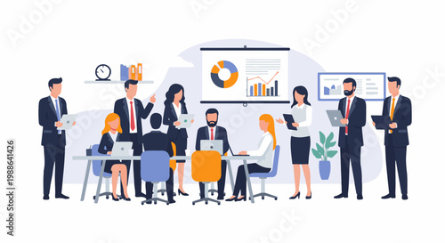 Business meeting with professionals in suits presenting data charts