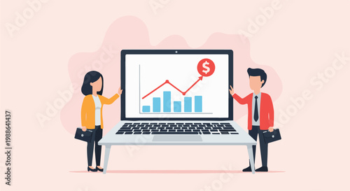 Two professionals monitor a laptop displaying a growing financial graph with a dollar sign