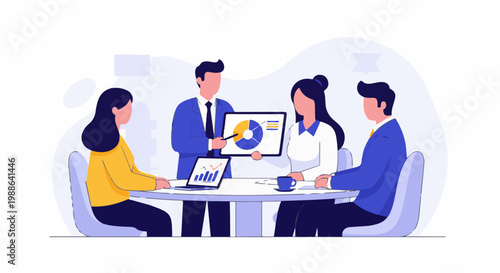 Team presenting a business chart and laptop data during a meeting