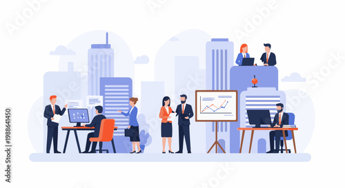 Diverse professionals collaborate and present data in a modern office setting (1)