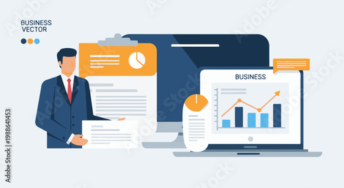A businessman presents financial data on digital screens