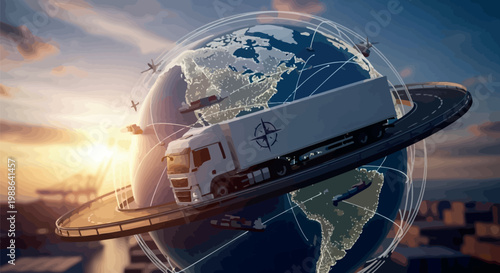 A futuristic visualization of global logistics and interconnected supply chains, featuring a truck driving on an orbital road around the planet Earth at sunrise.