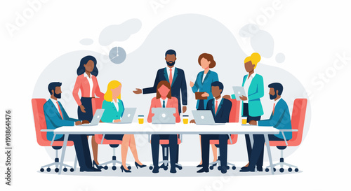 Diverse professionals collaborate around a conference table, using laptops and discussing ideas