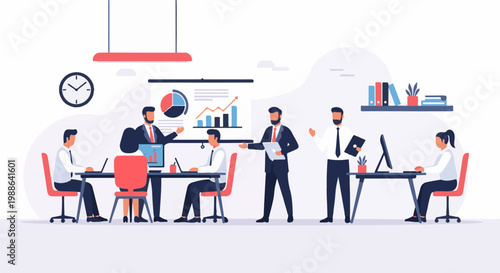 Business meeting with a presentation, discussion, and computer work in a modern office