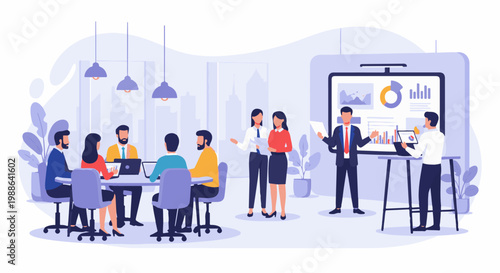 Diverse group in modern office collaborating on charts and data projections during a meeting