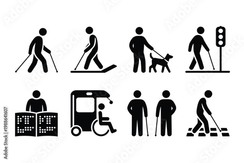 Accessibility icons illustration set, blind assistance symbols with guide dog braille cane crossing and tactile paving for inclusive design.