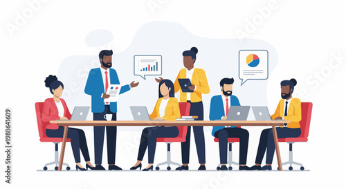 Diverse team in bright office, collaborating on a project with charts and laptops