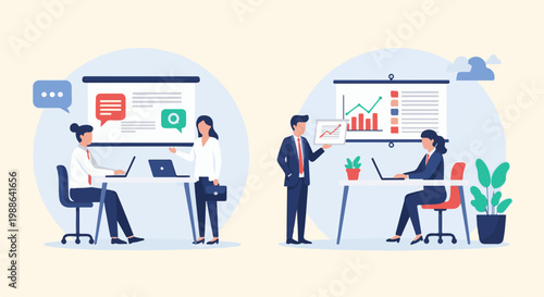 Business professionals collaborate on projects, present data and ideas