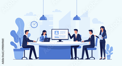 Business professionals in a modern office meeting, collaborating on projects