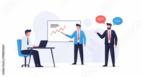 Business meeting with a whiteboard presentation and two colleagues in discussion