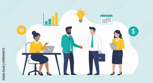 Diverse professionals collaborate, share ideas, and finalize deals in a modern office setting