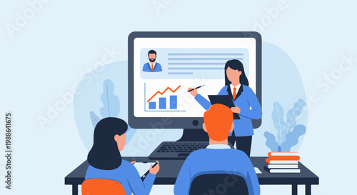 Business meeting with a presenter explaining data on a screen to two attendees