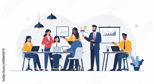 Diverse professionals collaborate in a bright office meeting, discussing charts and graphs